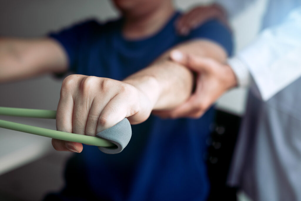 Person undergoing physical therapy stretch.